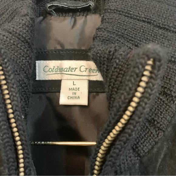 Coldwater Creek Black Suede Leather Sweater Cable Knit Zip Up Jacket Size L - Picture 3 of 13